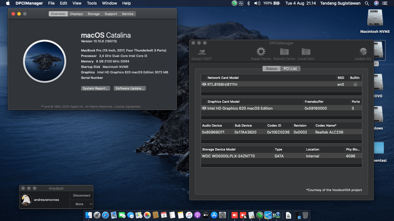 Success Hackintosh macOS Catalina 10.15.6 Build 19G73 in Lenovo Ideapad V310-14IKB